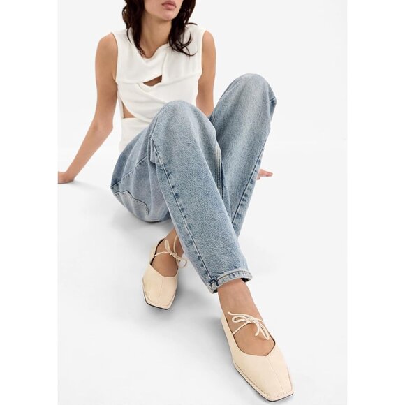 Women Beige Faux Leather Square Toe Lace Up Ballerina Ballet Slip On Flats - Picture 3 of 7